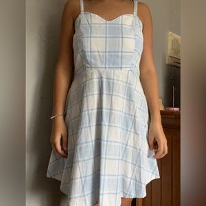 blue and white plaid gingham sweetheart neckline dress